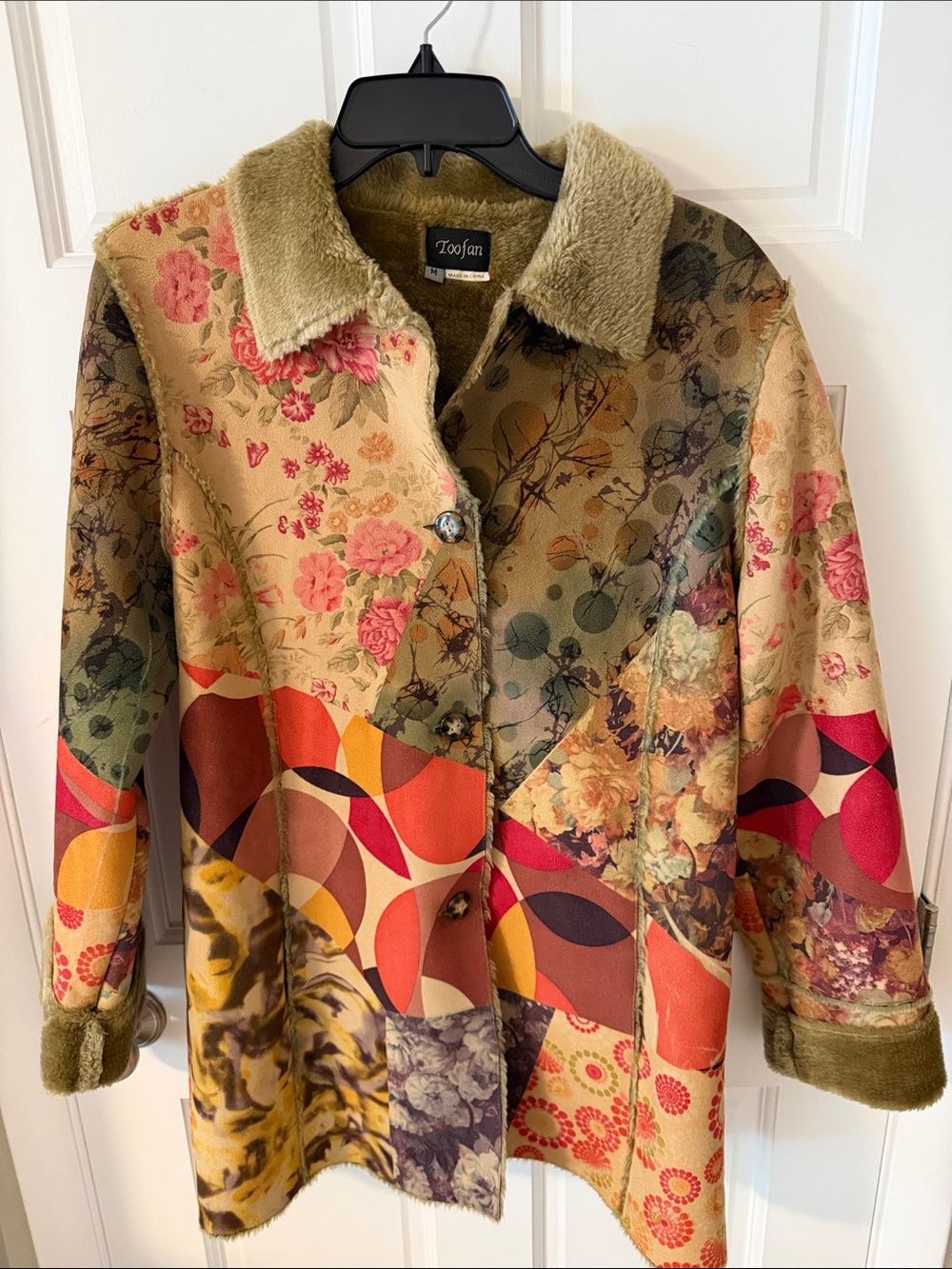 Y2K Retro Boho Patchwork Faux Suede Fur Collar Coat Jacket Eclectic Artsy M